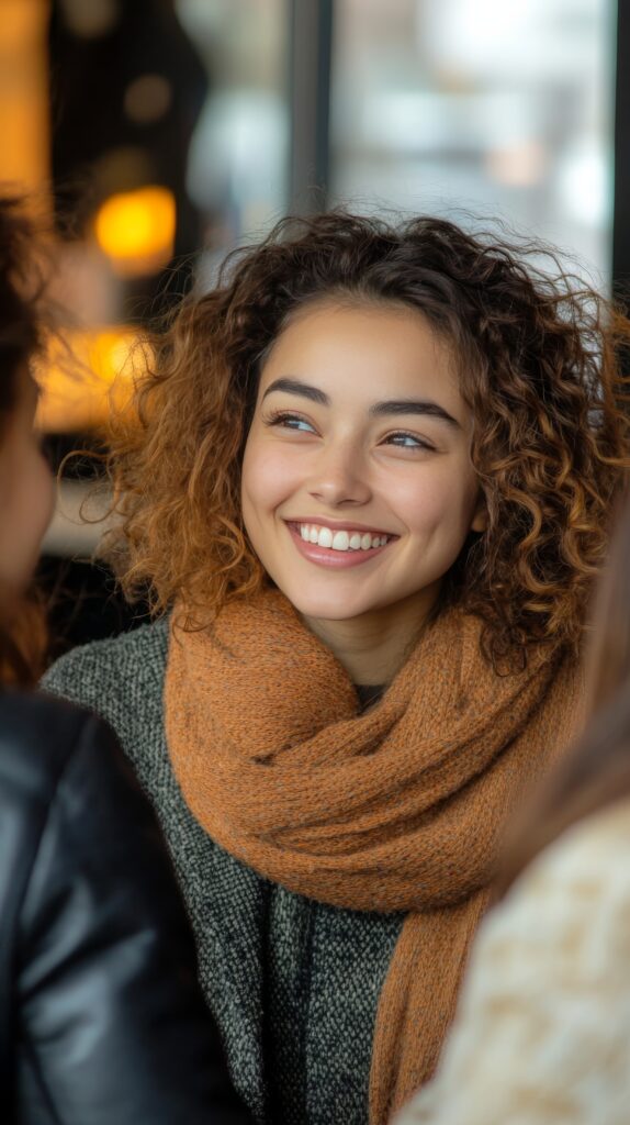 smiling woman with curly hair and glasses engages in conversation at a social gathering in a modern setting