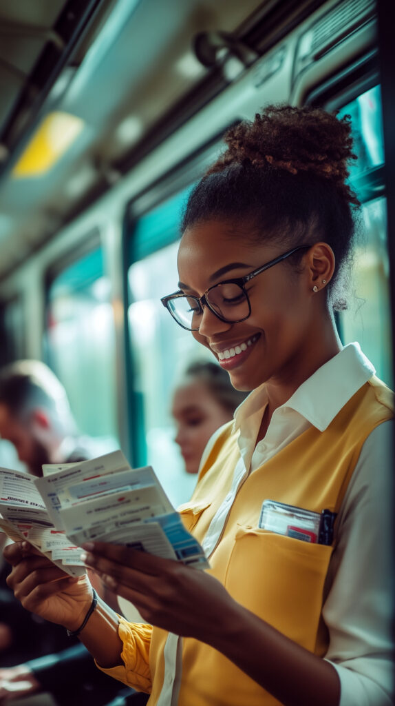 young woman in glasses happily reading brochures on public transport during daytime commute