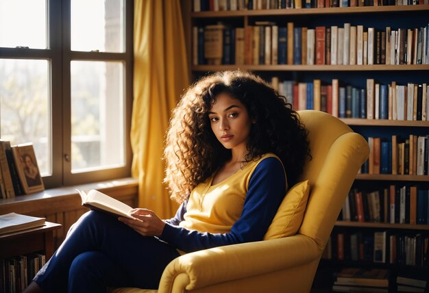 woman with curly hair sits yellow chair reading book 1206841 751
