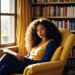 woman with curly hair sits yellow chair reading book 1206841 751